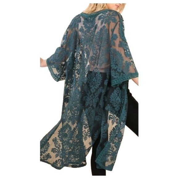 S/M Umgee Long lace open cardigan dark teal - Picture 2 of 8